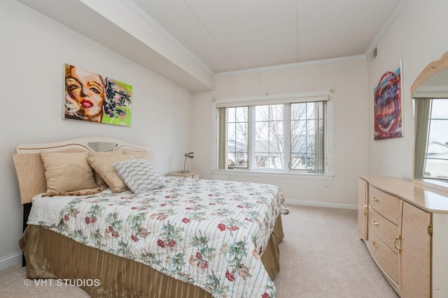 carpeted bedroom with crown molding