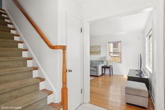 stairs featuring plenty of natural light and hardwood / wood-style flooring