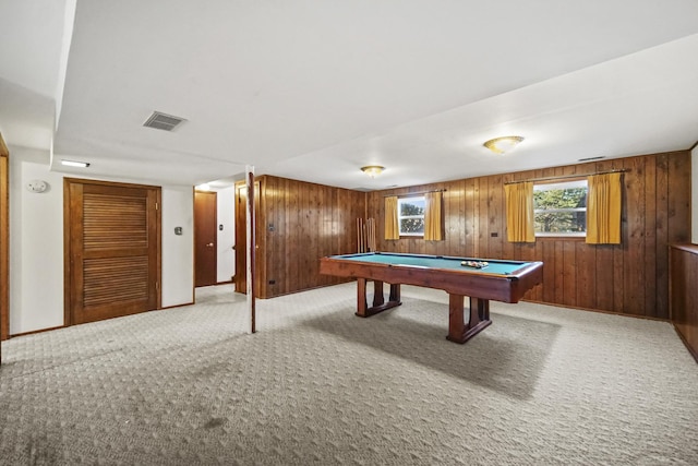 game room featuring wood walls, light colored carpet, and billiards