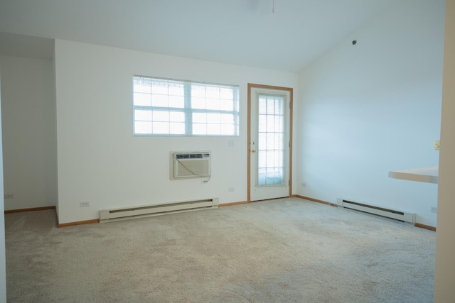 carpeted empty room featuring vaulted ceiling, an AC wall unit, and baseboard heating