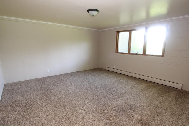 unfurnished room featuring carpet flooring and a baseboard radiator