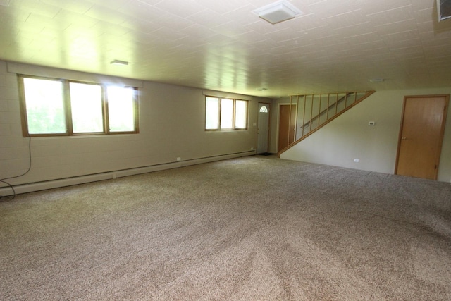 unfurnished room featuring carpet floors and a baseboard radiator