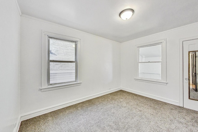 unfurnished room with carpet and ornamental molding