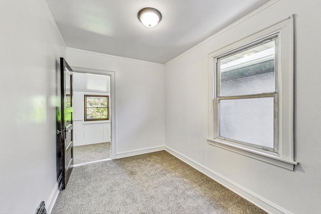 unfurnished room featuring carpet and crown molding