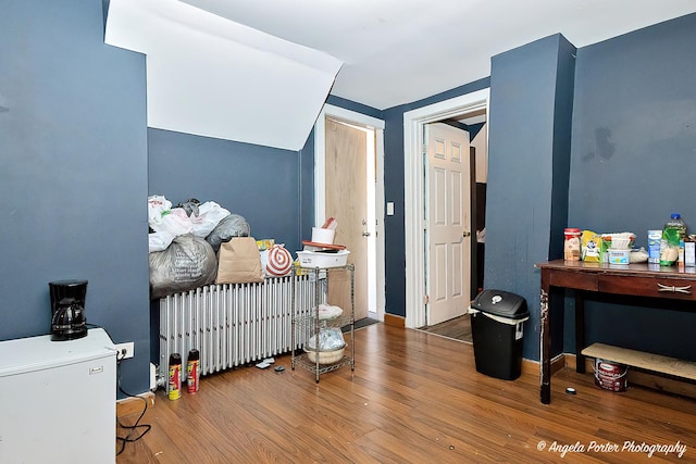 bedroom with radiator heating unit and wood-type flooring