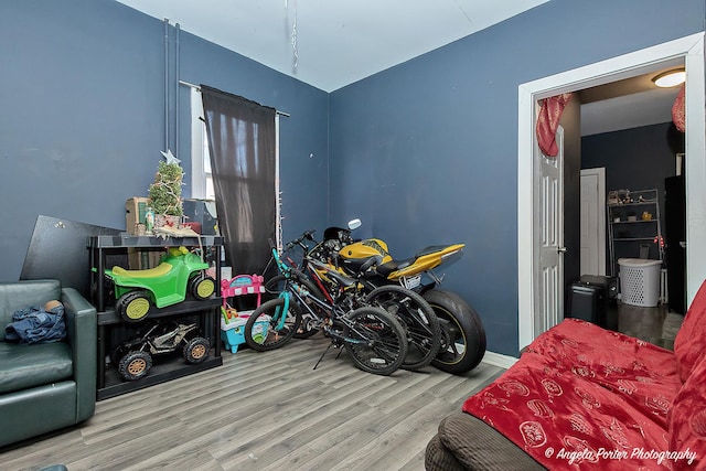 game room with light hardwood / wood-style flooring