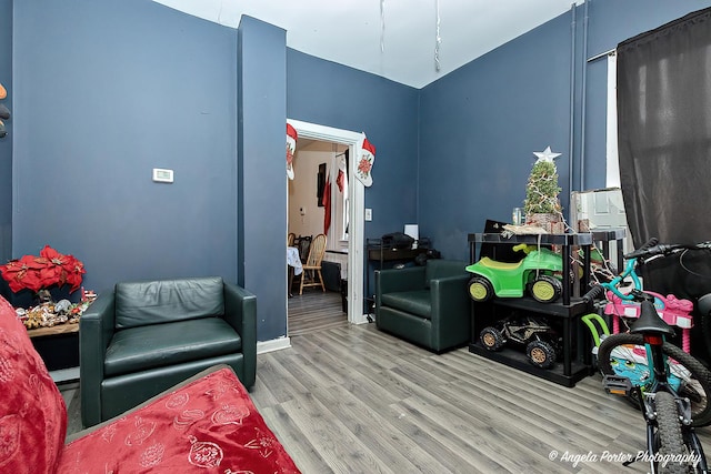 game room with light hardwood / wood-style floors