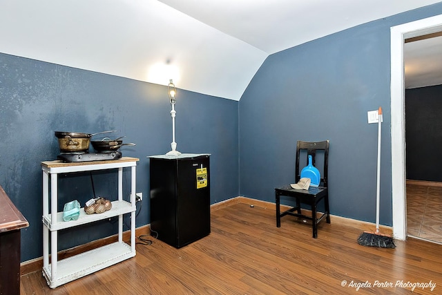 interior space featuring hardwood / wood-style flooring and lofted ceiling