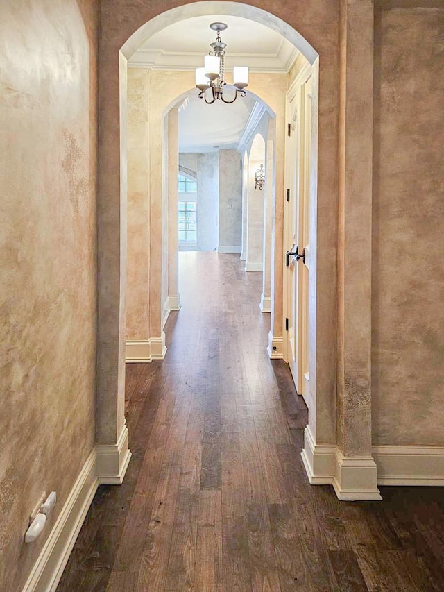 corridor featuring a chandelier, crown molding, and dark wood-type flooring