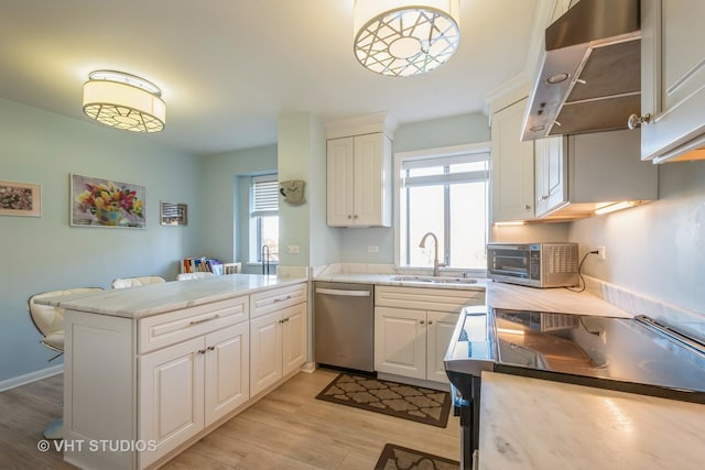 kitchen with kitchen peninsula, white cabinets, stainless steel dishwasher, and sink