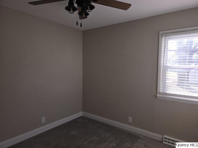 carpeted spare room featuring ceiling fan and plenty of natural light