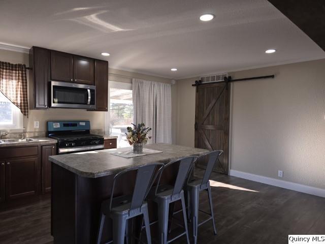 kitchen featuring a kitchen island, appliances with stainless steel finishes, a wealth of natural light, and a barn door