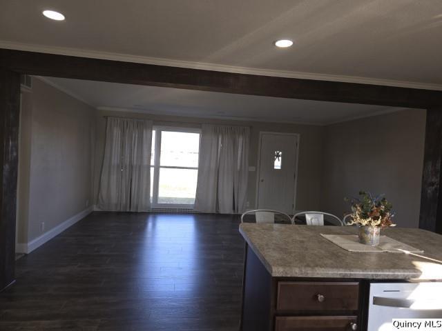 kitchen featuring ornamental molding and dark hardwood / wood-style flooring