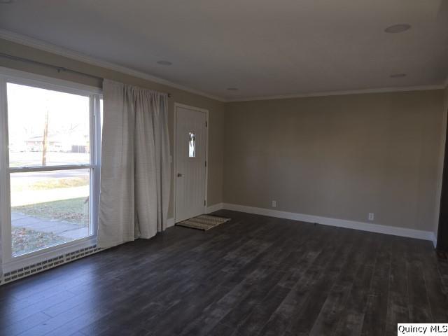 interior space featuring ornamental molding and dark hardwood / wood-style flooring