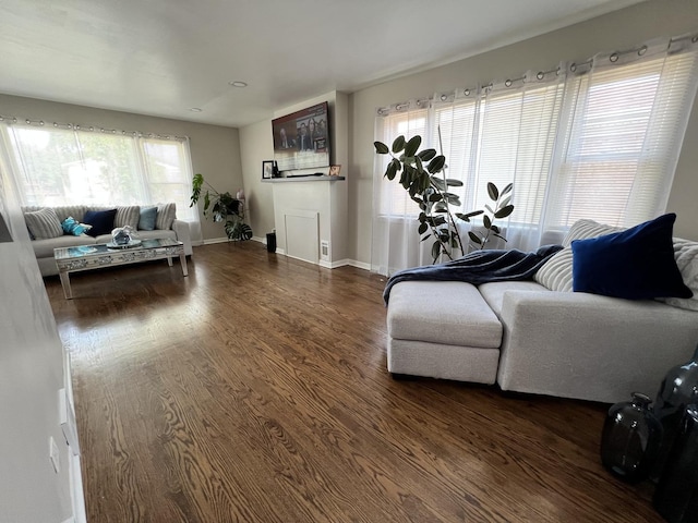 living room with dark hardwood / wood-style flooring and plenty of natural light