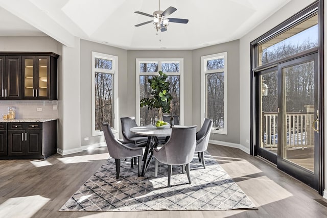 dining room featuring hardwood / wood-style flooring and ceiling fan