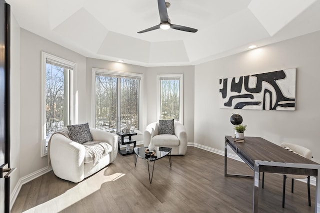 living area with hardwood / wood-style flooring, a raised ceiling, and ceiling fan