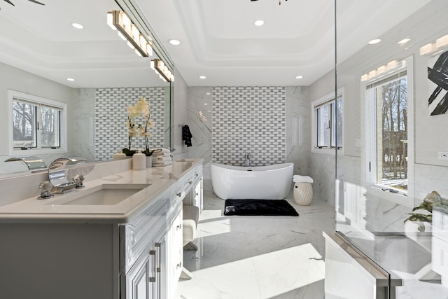 bathroom featuring a raised ceiling, vanity, a bathing tub, and tile walls