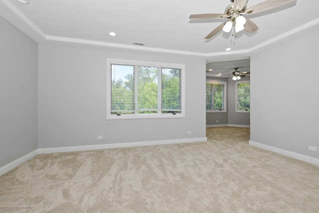 carpeted empty room with a tray ceiling, plenty of natural light, and ceiling fan