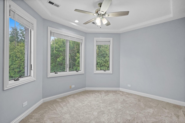 carpeted spare room with ceiling fan and a raised ceiling