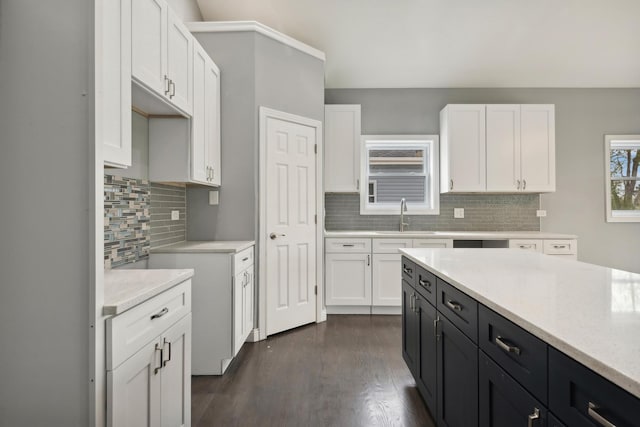 kitchen with white cabinets, backsplash, dark hardwood / wood-style flooring, and sink