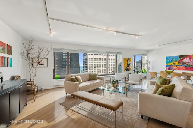 living room featuring track lighting and light hardwood / wood-style floors