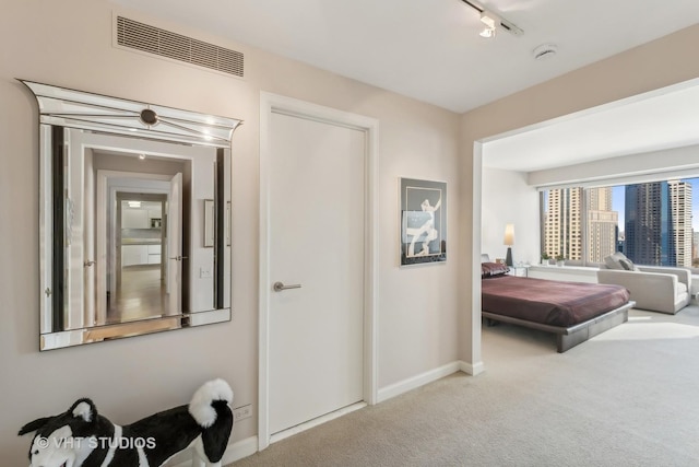 bedroom with rail lighting and carpet floors