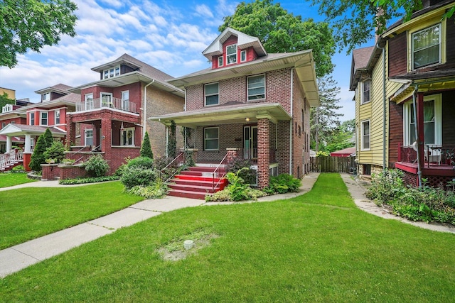 view of front of home with a front yard and a porch