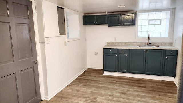 kitchen with wood-type flooring, sink, and electric panel