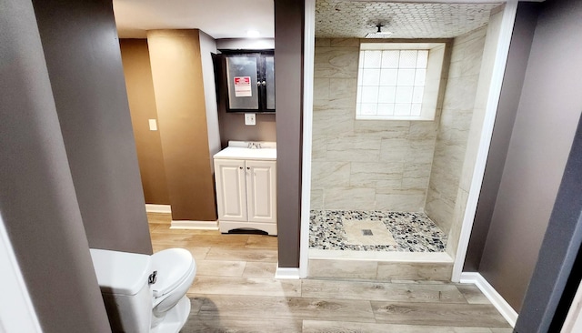 bathroom with tiled shower, vanity, and toilet