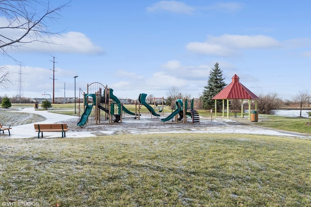 view of jungle gym featuring a lawn and a gazebo