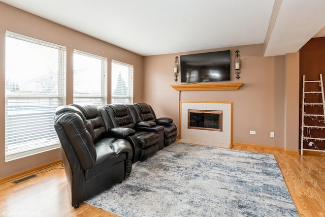 living room featuring light hardwood / wood-style floors, a healthy amount of sunlight, and a fireplace