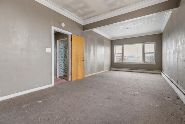 unfurnished bedroom featuring baseboard heating and ornamental molding