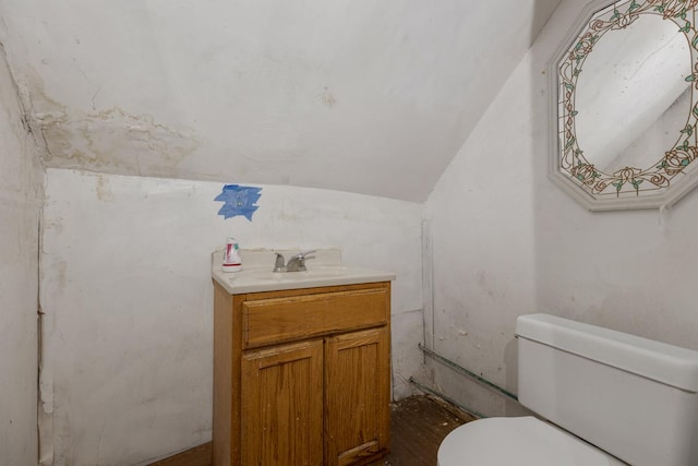 bathroom featuring vanity, vaulted ceiling, and toilet