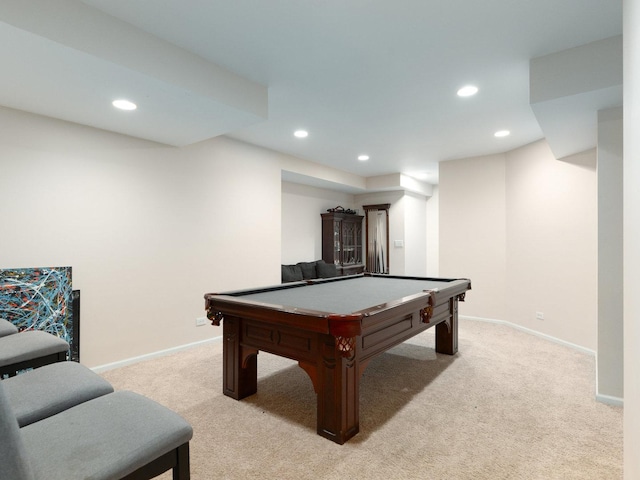 game room with light colored carpet and pool table