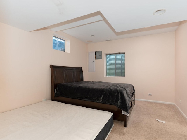 bedroom with electric panel and light colored carpet