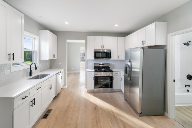 kitchen featuring light wood-type flooring, tasteful backsplash, stainless steel appliances, sink, and white cabinetry