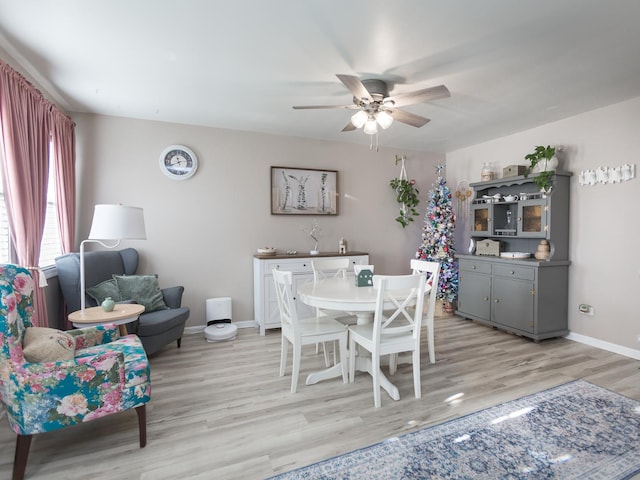 dining area with ceiling fan and light wood-type flooring