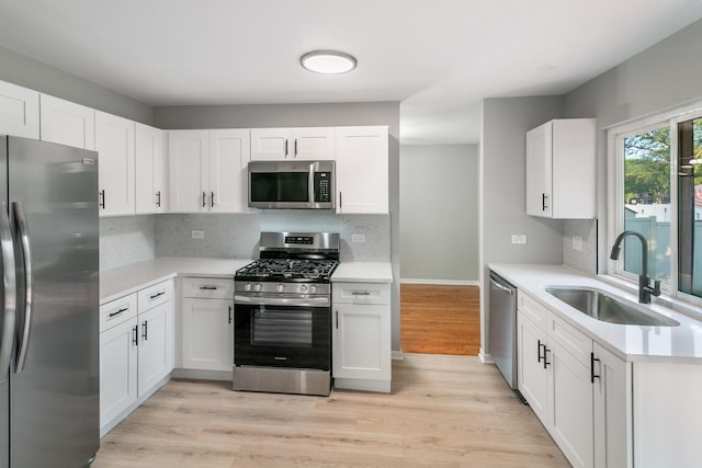 kitchen with white cabinetry, sink, light hardwood / wood-style floors, and appliances with stainless steel finishes