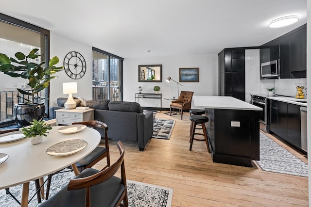 dining space featuring floor to ceiling windows and light wood-type flooring