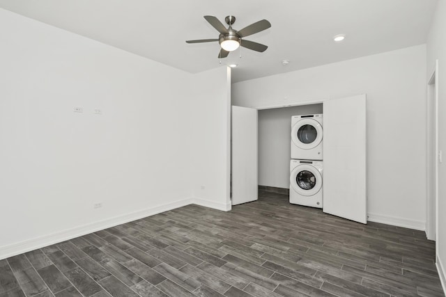 laundry room featuring stacked washer / drying machine and ceiling fan