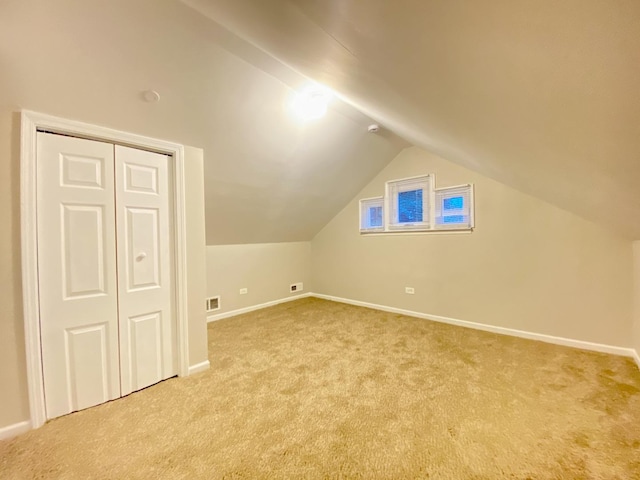 additional living space featuring light carpet and vaulted ceiling