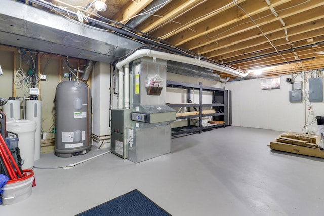 basement with electric panel, electric water heater, and heating unit