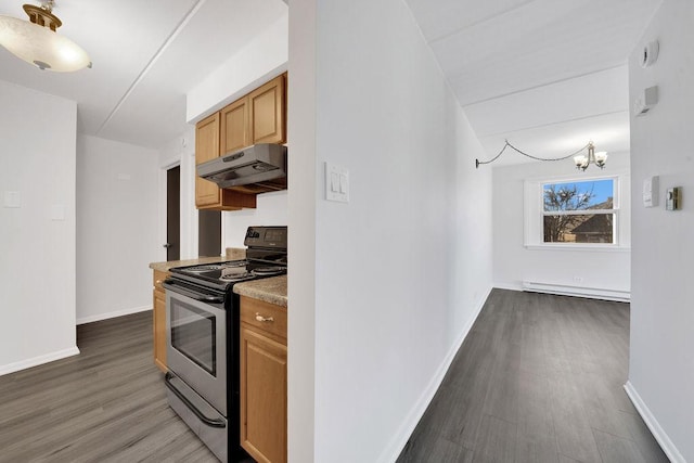 kitchen with an inviting chandelier, a baseboard radiator, dark hardwood / wood-style floors, and black range with electric cooktop