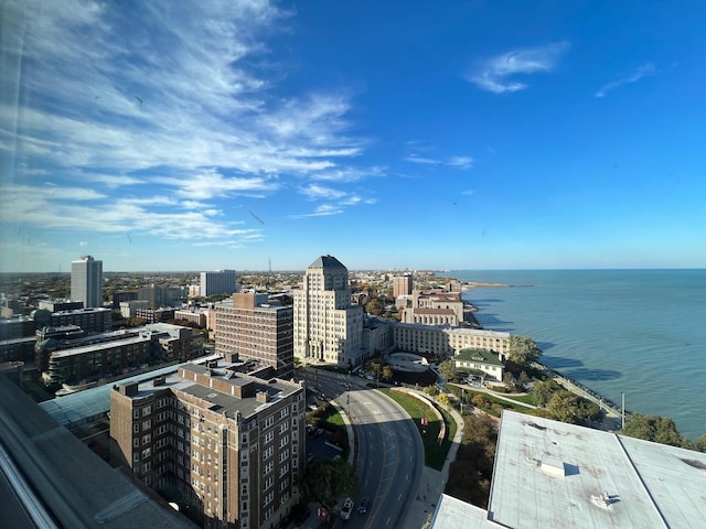 drone / aerial view featuring a water view