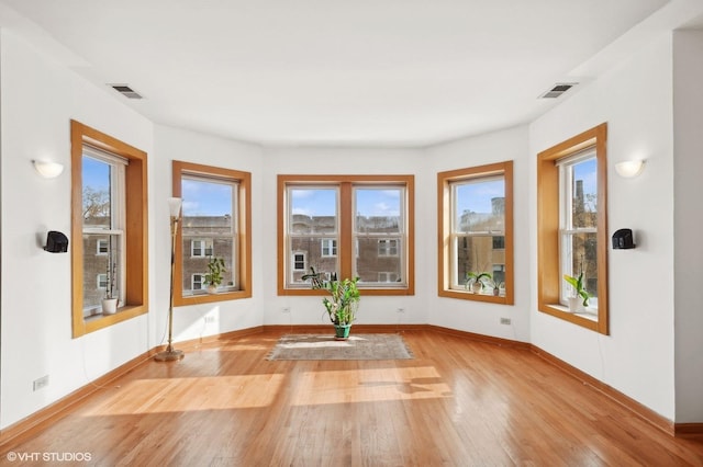 workout room with plenty of natural light and light hardwood / wood-style floors