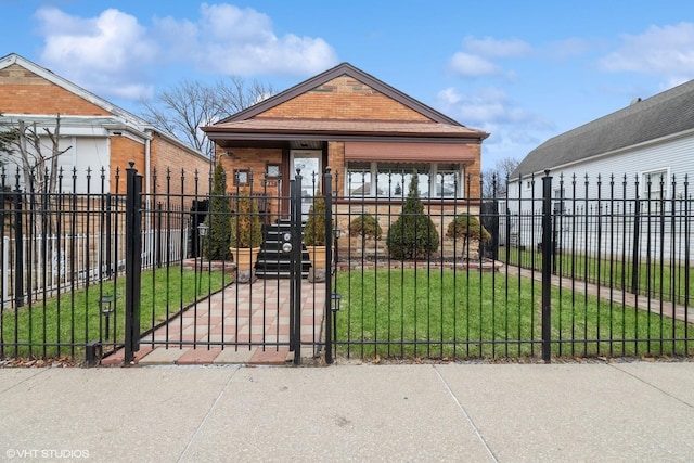 bungalow-style home with a front yard