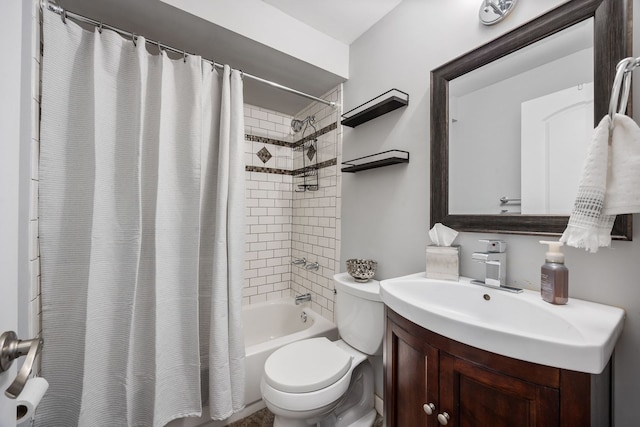 full bathroom with shower / bath combo with shower curtain, vanity, and toilet