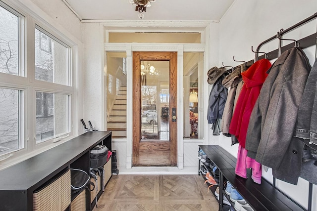 mudroom with parquet floors