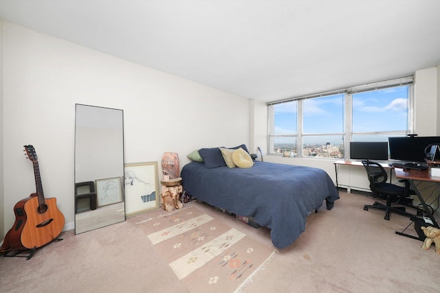 bedroom with light colored carpet